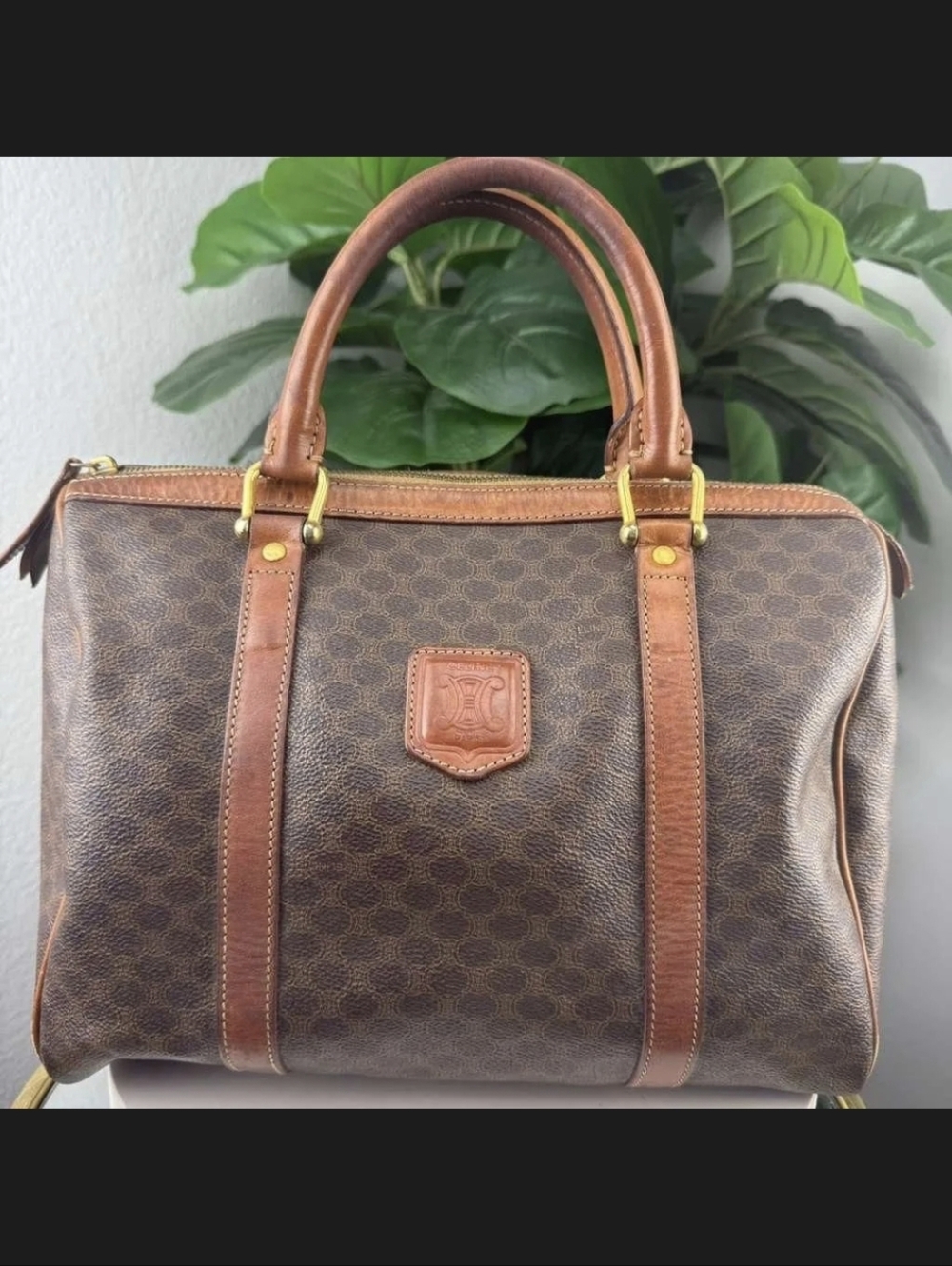 Celine Macadam Monogram Boston Bag with Cognac Leather Trim Vintage Authentic